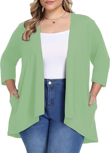 Plus-size mint-green open-front cardigan