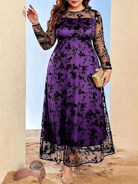 Plus-size purple velvet floral mesh maxi dress