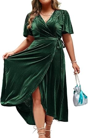 Emerald-green plus-size velvet wrap midi dress