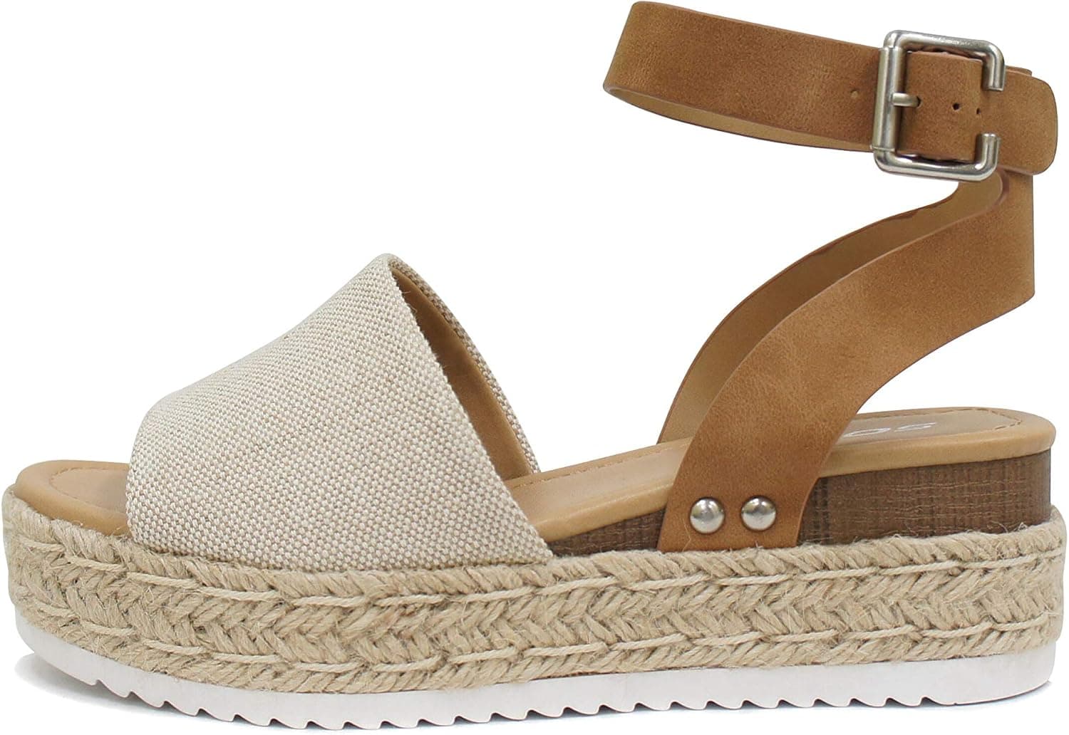 Beige canvas and tan wedge sandals