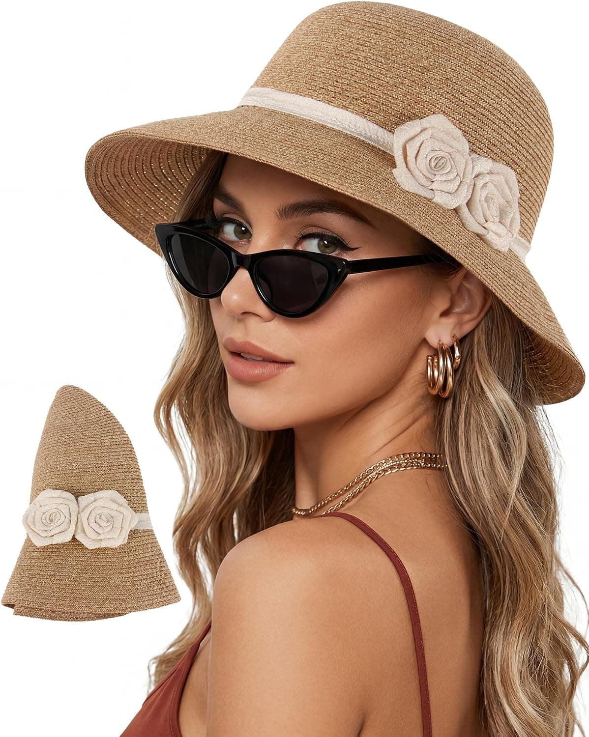 Natural straw wide-brim flower hat