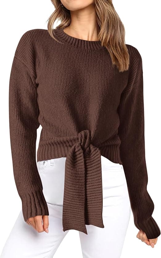 Okiwam brown ribbed tie-front cropped top