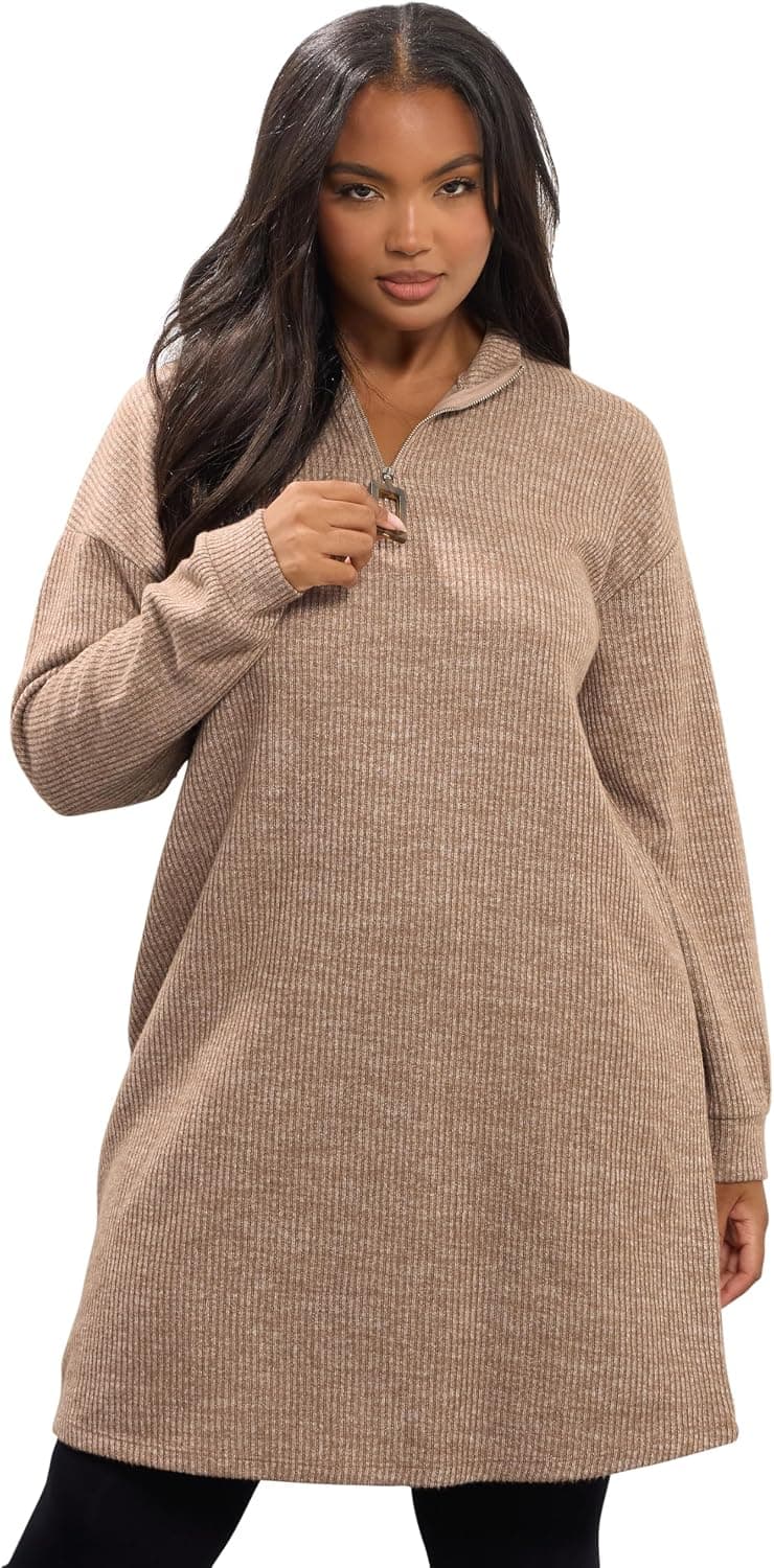Beige plus-size ribbed quarter-zip sweater dress