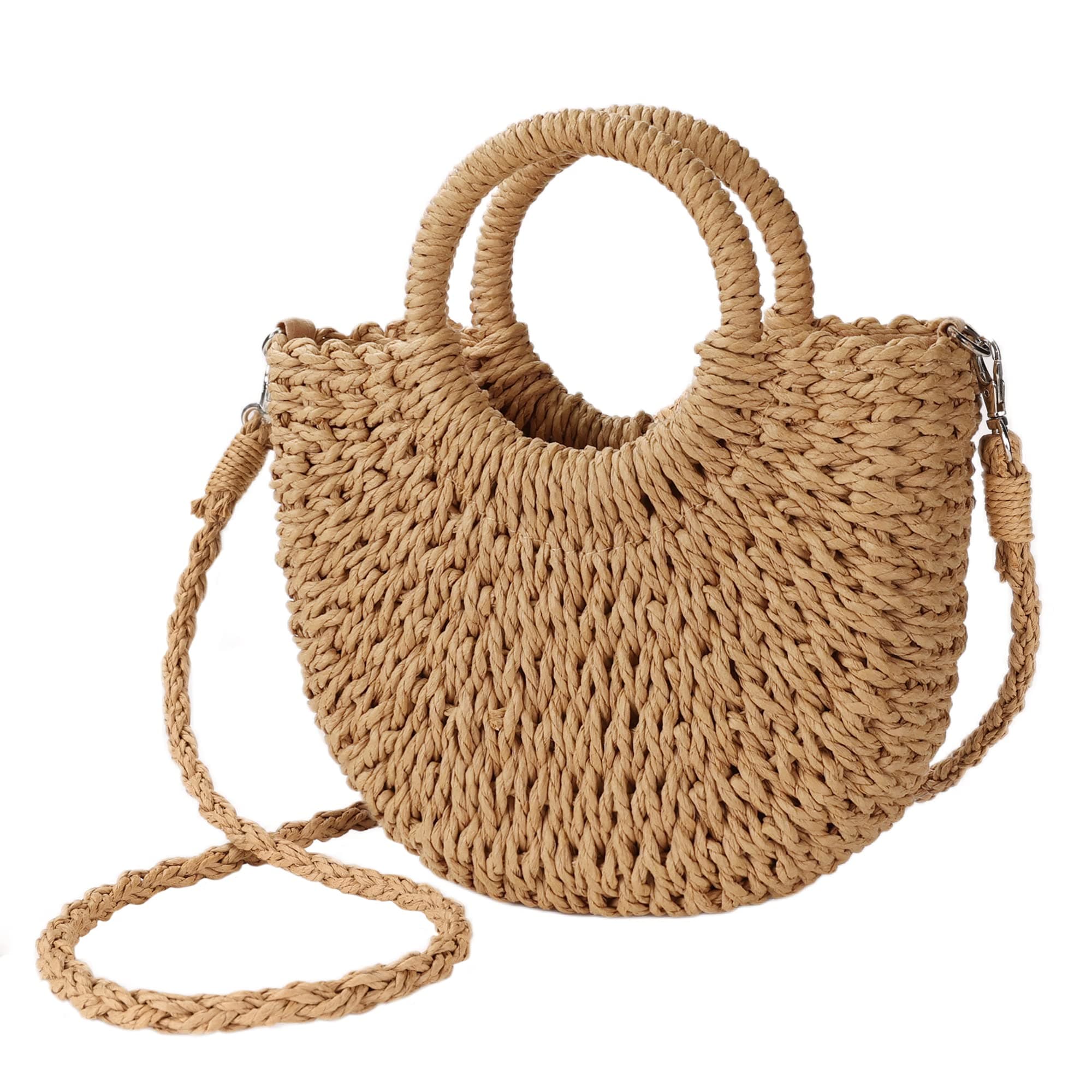 Khaki woven straw crossbody bag