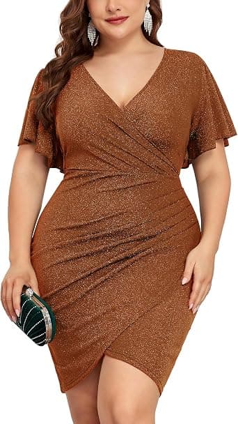 ZOMVA plus-size rust-brown sequin ruched wrap mini dress