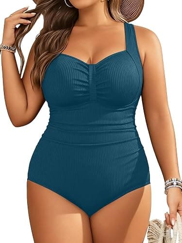Teal plus-size V-neck one-piece swimsuit