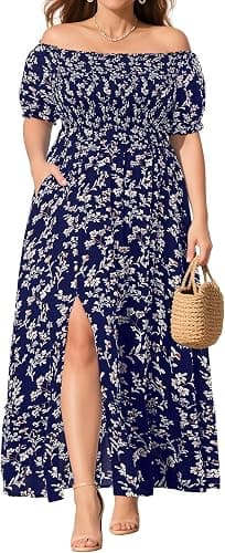 Navy floral plus-size smocked off-shoulder maxi dress