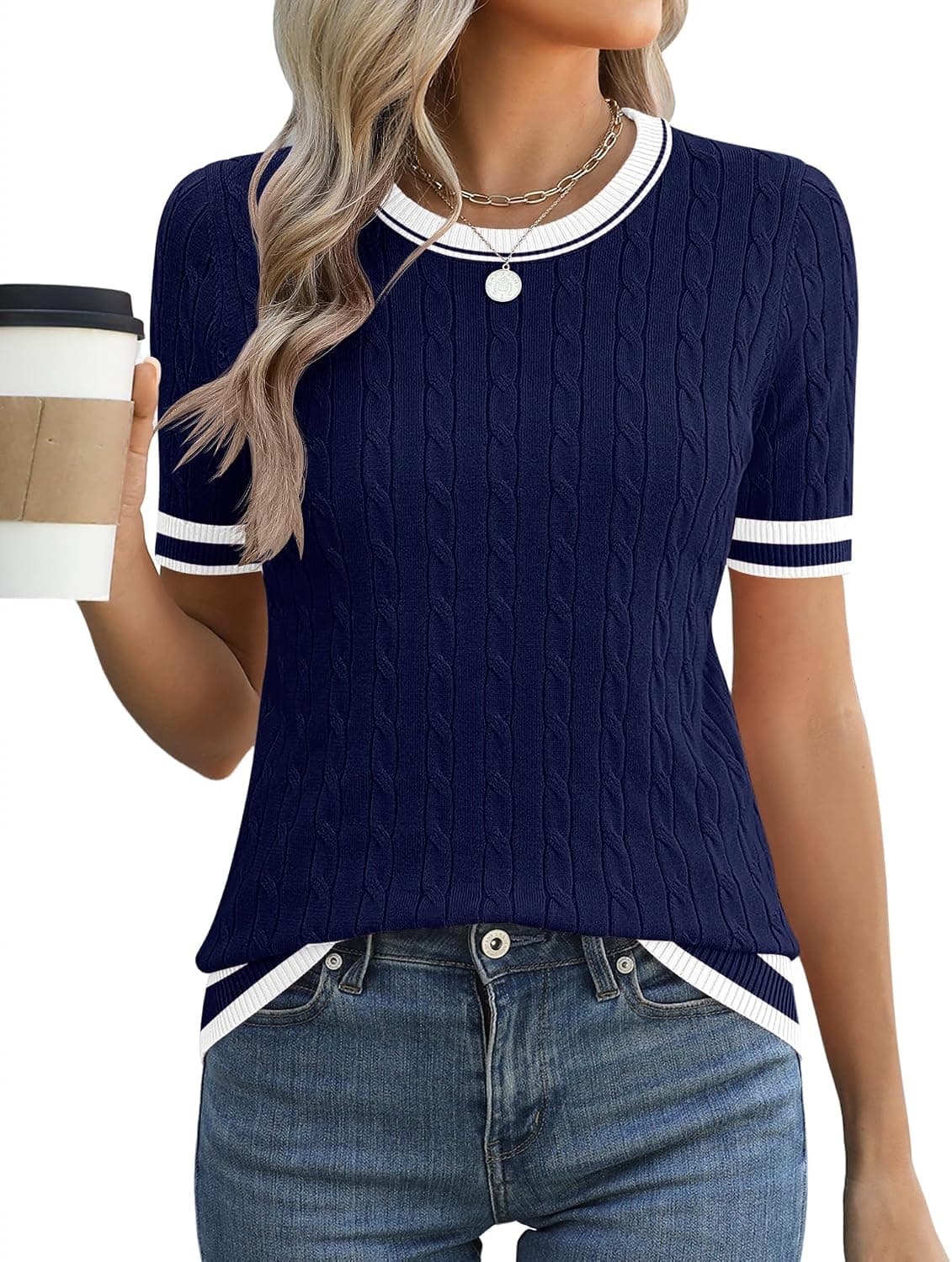 Navy-and-white striped short-sleeve sweater