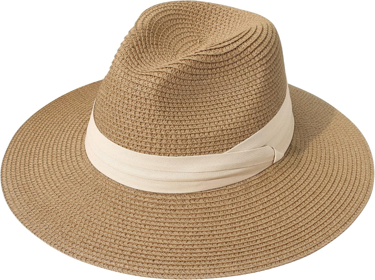 Beige-and-brown wide-brim straw hat