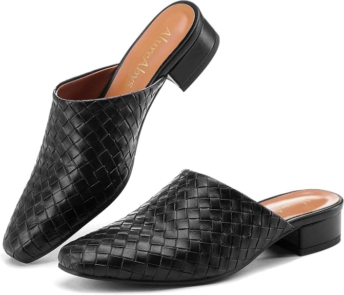 Black woven low-block-heel mules