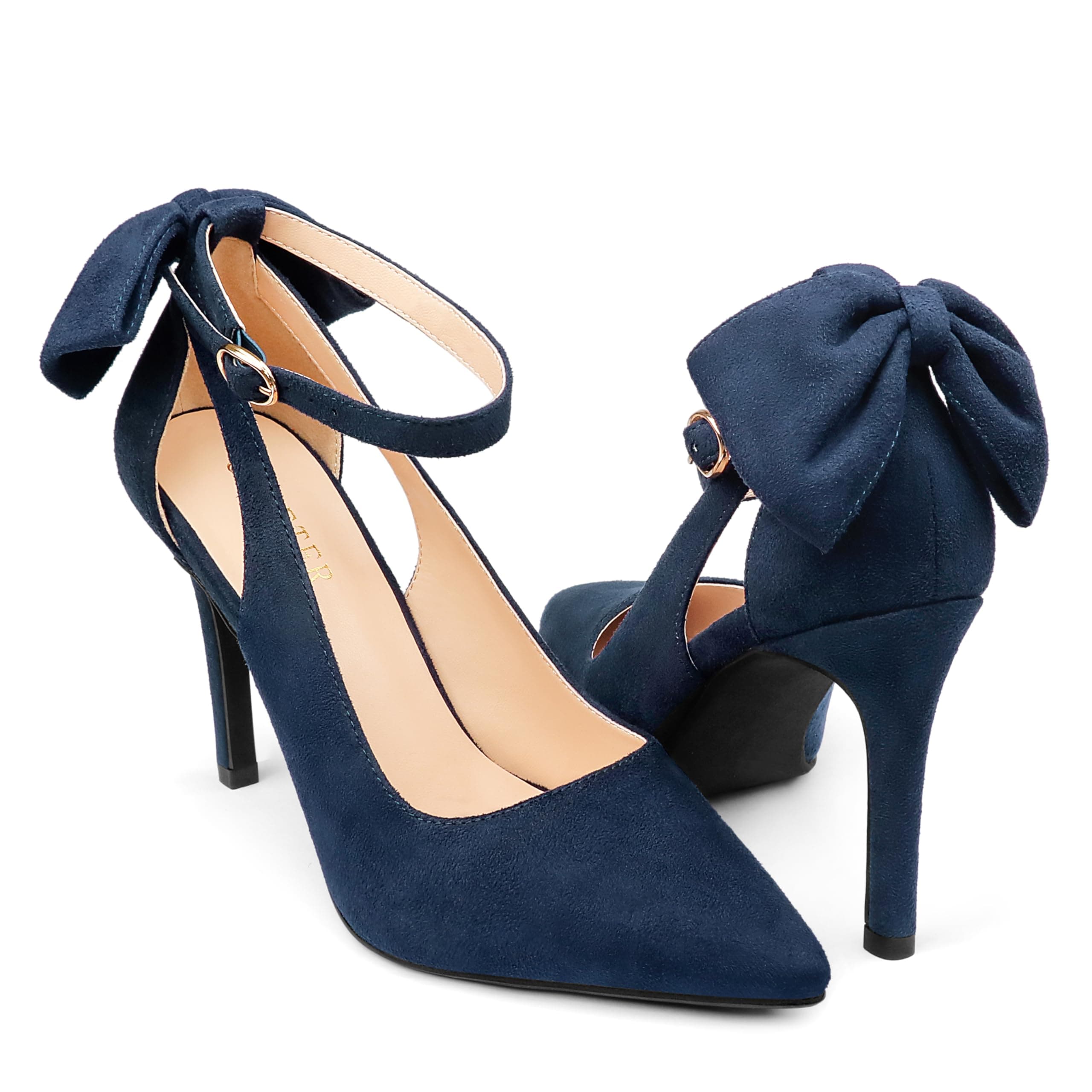 Navy satin strappy pointed-toe heels