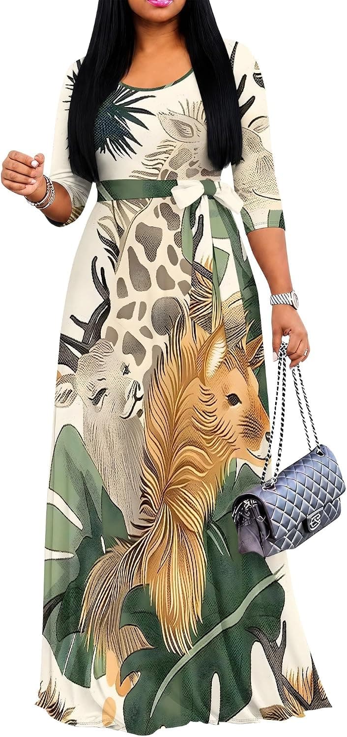 Brown-green abstract print maxi dress