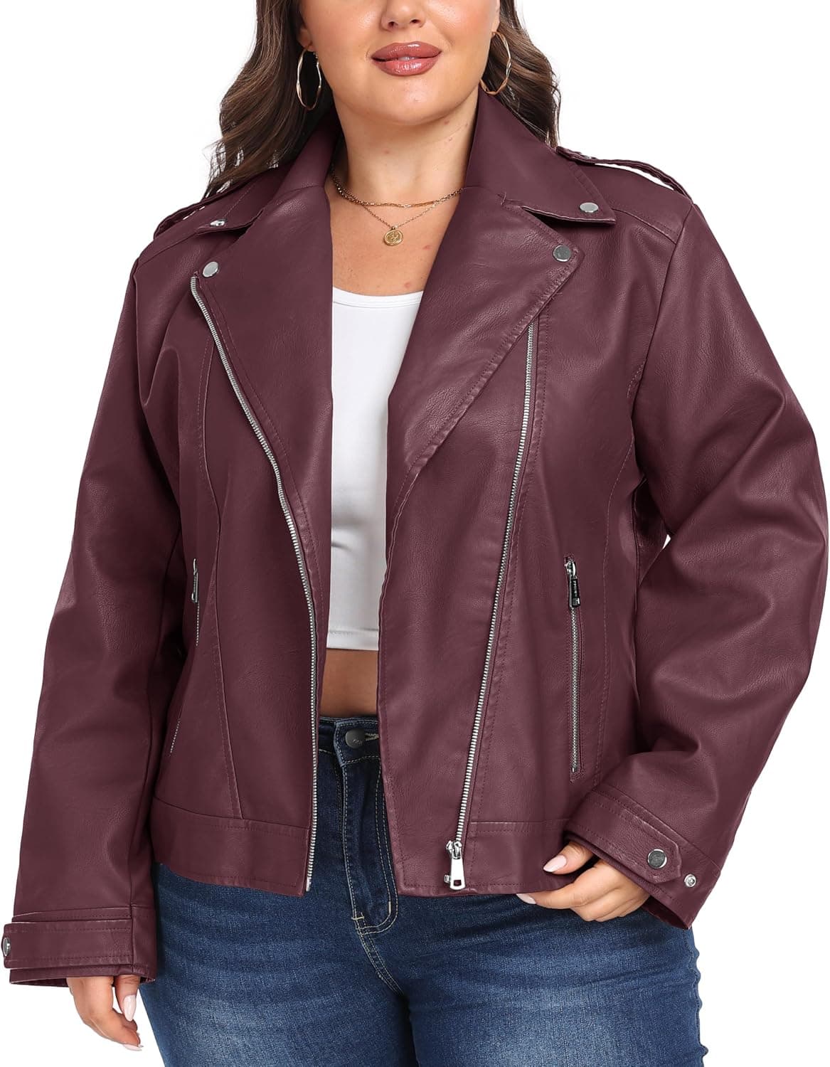 Wine-red plus-size faux-leather moto jacket