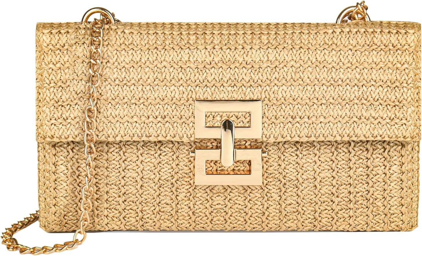 Khaki woven straw chain clutch